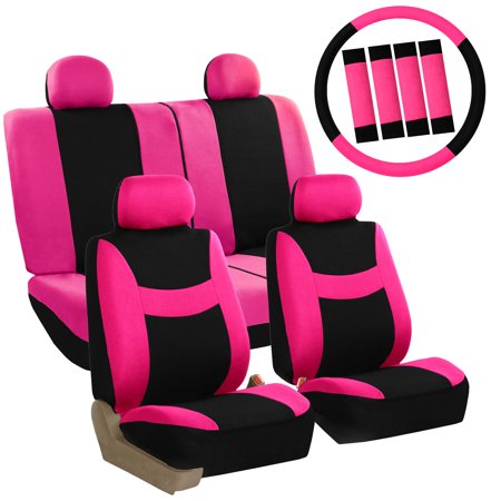 Seal Head - FH Group Light & Breezy Seat Covers for Auto, 4 Headrests Full Seat Covers with Steering/Belt Pad Cover, Pink and Black