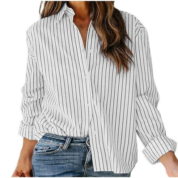 Ladies Button Down Shirts Striped Long Sleeve Dressy Casual Tops Relaxed Fit Lapel Blouses Office Work Wear (XL, White)