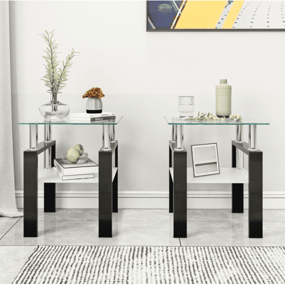 Euroco Set of 2, Modern Tempered Glass Tea Table Coffee Table End Table, Square Table for Living Room, Transparent/Black