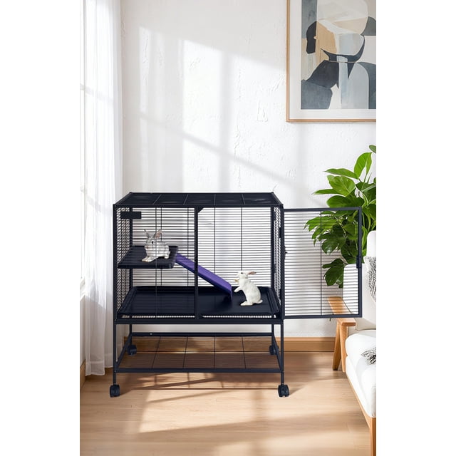 QinaQin Small Animal Cage, Multi Level Metal Habitat with Ramps, Shelves and Trays for Ferrets, Rabbits or Guinea Pigs