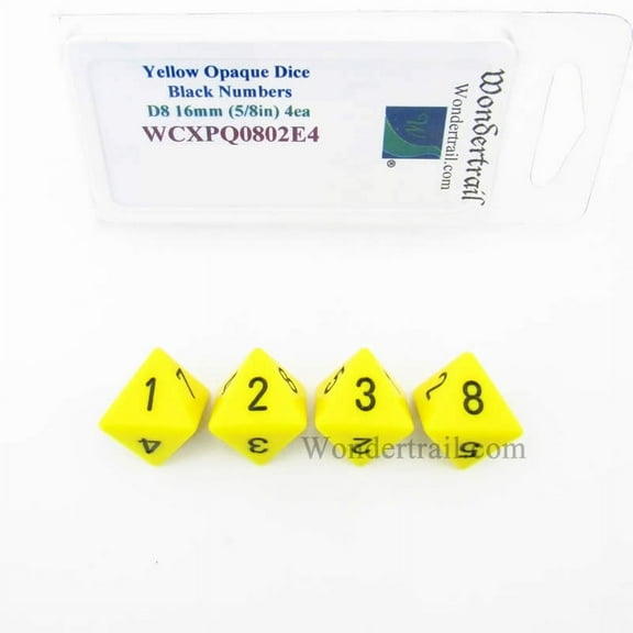 Yellow Opaque Dice with Black Numbers D8 Aprox 16mm (5/8in) Pack of 4 Wondertrail