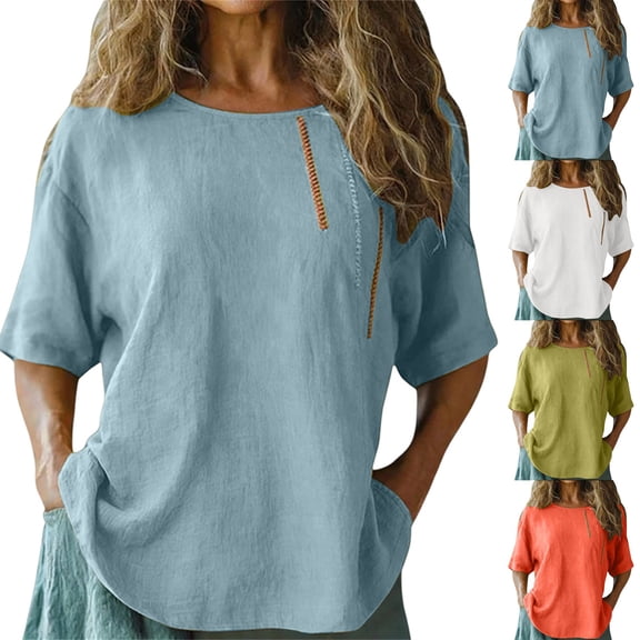 Women's Cotton Linen Blouse, Round Neck Embroidered Short Sleeve Top, Loose Fit Casual Tunic for Summer, Boho Chic Shirt and Everyday Wear-Beige