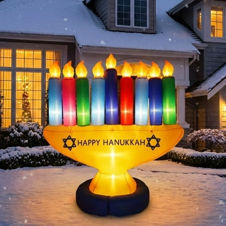 Zion Judaica 7' Colorful Inflatable Hanukkah Menorah for Indoor or Outdoor Decoration with LED Night Glowing Lights Hanukah Lawn Blowup Menorah - 7' x 7' (Multi-Color)