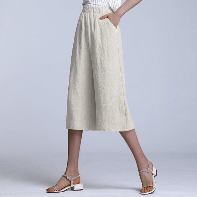 ICHUANYI Clearance Women's Solid Color Casual Loose Broad Leg Straight Barrel Cotton Linen Capris Pants(Beige, XL) ICHUANYI WER2023080812629