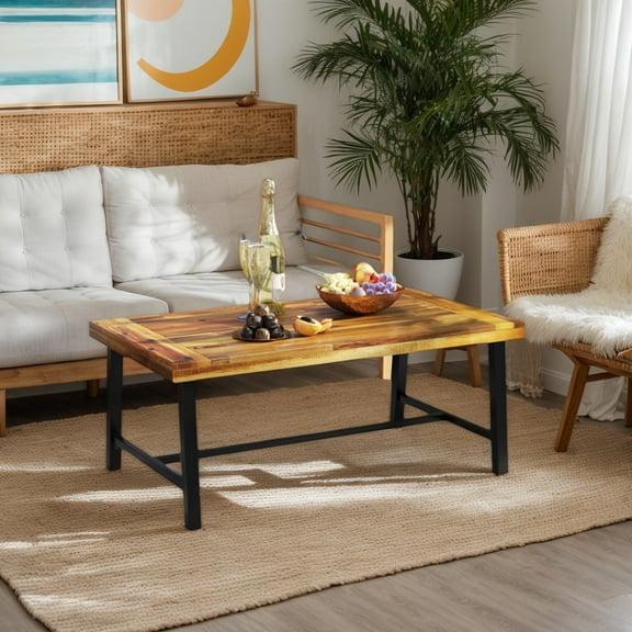 Spaco Acacia Wood Coffee Table, Patio Coffee Table with Thickened Top and Heavy-duty Metal Legs for Patio, Garden, Backyard, Brown