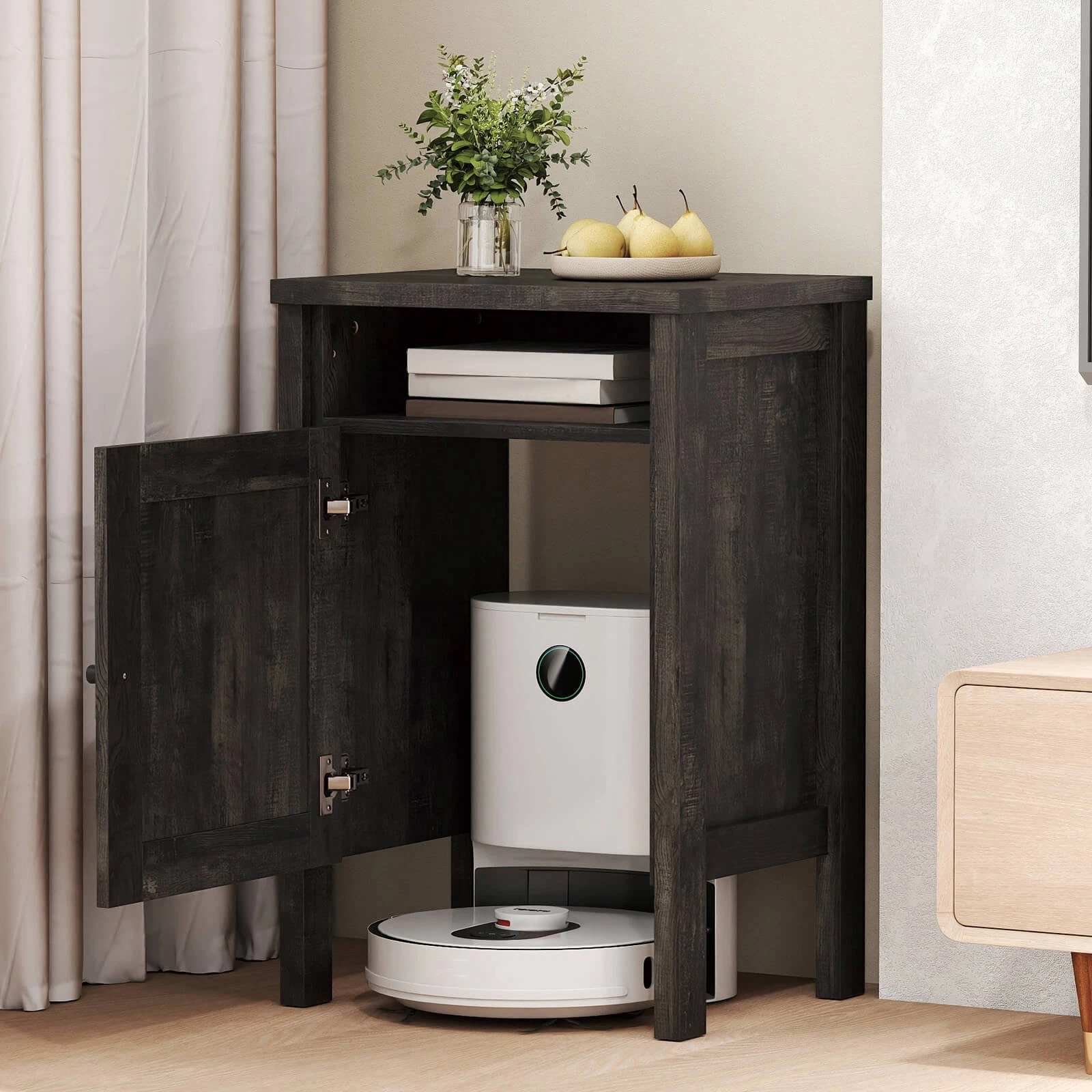 DRAZUNO Robot Vacuum Stand Cabinet with Door & Open Shelf for Home Office Living Room