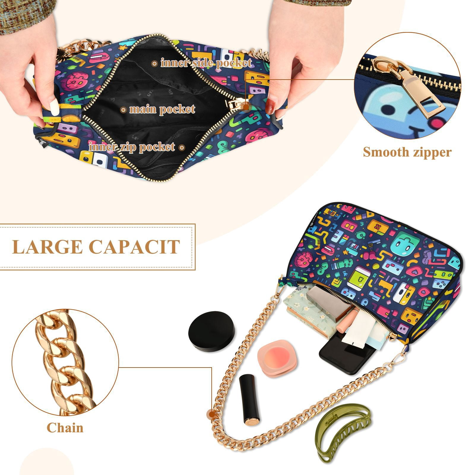 Robots AliensWomen Small Shoulder Bag Crossbody Tote Hobo Bags Purse Clutch Handbags with Chain Strap for Women