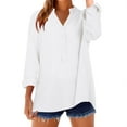 thumbnail image 4 of Womens Tops Loose Fit Stand Collar Solid Color Long Sleeve V Neck Top With Side Splits Waist Soft Breathable Cotton Linen Blend Perfect For Daily Work Travel M Sweaters For Women, 4 of 9