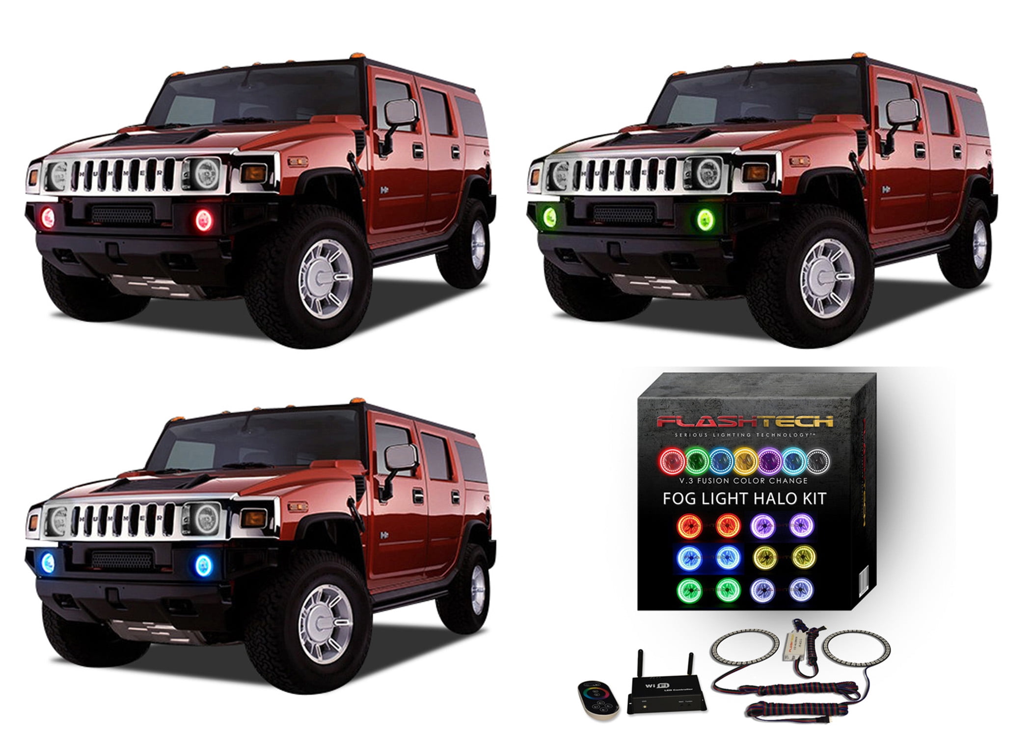 Flashtech LED RGB Multi Color Halo Ring Fog Light Kit For Hummer H2 03