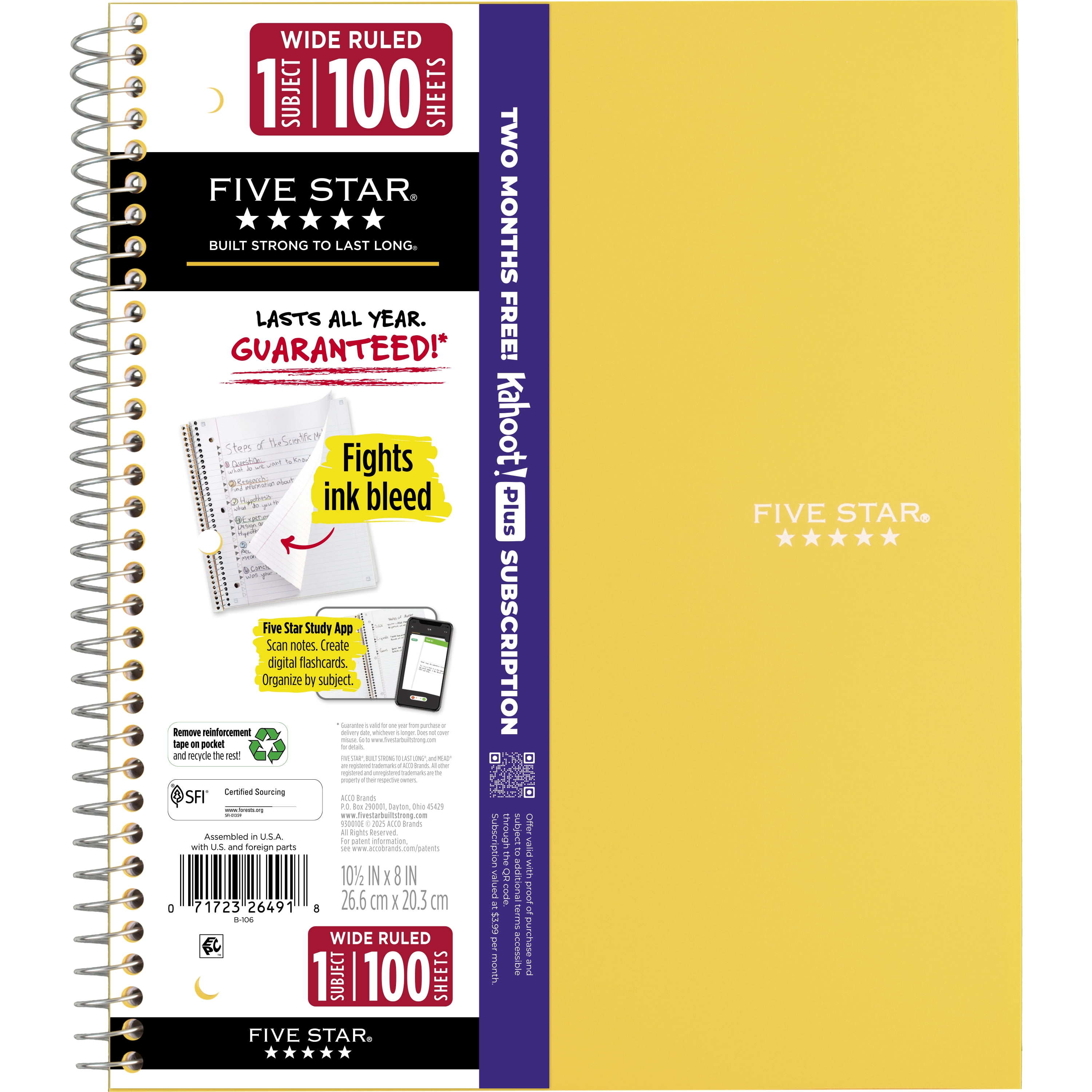 Five Star Spiral Notebook Study App 1 Subject Wide Ruled 8x10.5