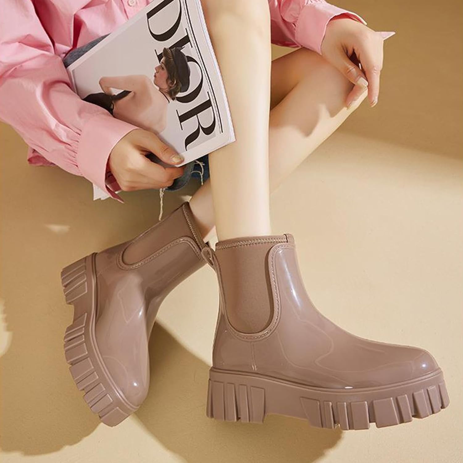 Womens Rain Boots, Waterproof Platform Rubber Rainboots