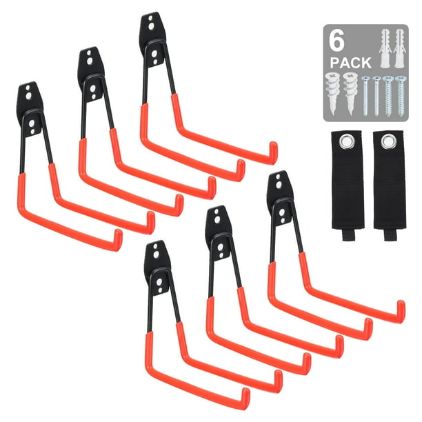 Ganchos de garaje Montaje en pared Ganchos de garaje Utilidad Ganchos de almacenamiento de garaje Ganchos para herramientas con 2 correas, Naranja 6 Paquete
