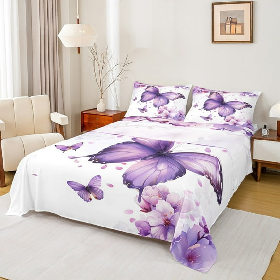 Manfei Kawaii Butterflies Twin Sheet Sets,Rustic Flower Twin Fitted Sheet,White Purple Flat Sheet For Teens Girls,Uper Cozy Room Decor,3-Piece