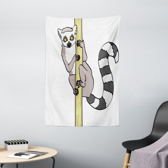 Lemur Tapestry, Exotic Wild Monkey Ring Tailed Hugging on Branch Cartoon, Wall Hanging for Bedroom Living Room Dorm Decor, 40W X 60L Inches, Pale Rose Grey Pale Yellow Green Orange, by Ambesonne