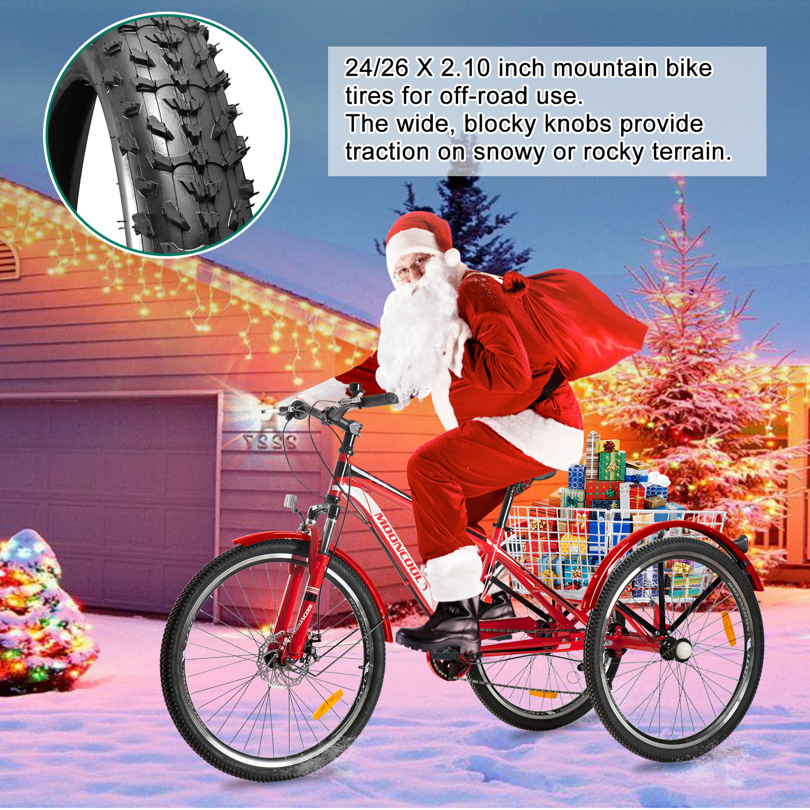 26''  Adult Mountain Bike 7 Speed Tricycle 3 Wheels MTB Red w/ Basket Disc Brake 