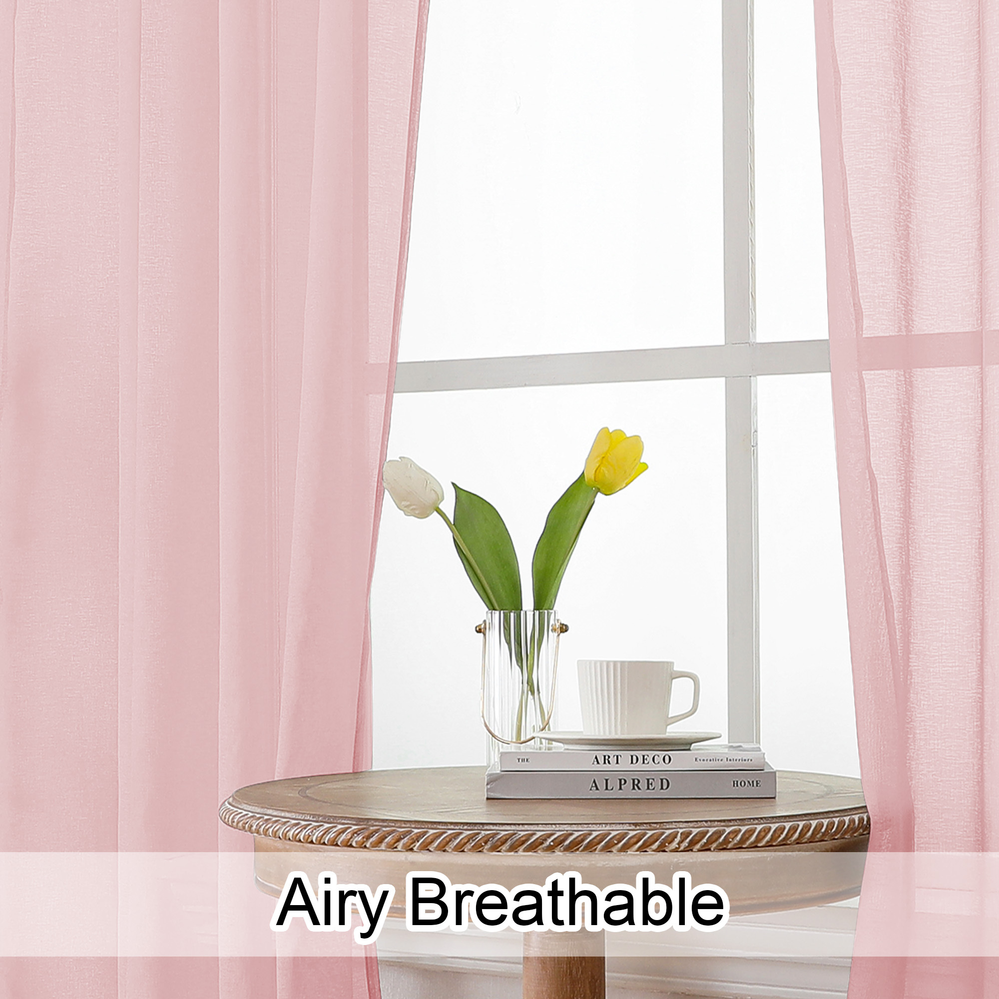 OVZME Dolly Pink Sheer Curtains 84 Inches Long 2 Panels Set, Aesthetic Room Decor Faux Sheer Linen Curtain & Drapes for Living Room Bedroom, Dual Rod Pockets Window Panel, 40x84 Inches