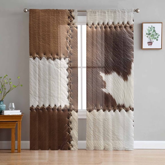 Brown White Leather Texture Sheer Curtains 108 Inch Length 2 Panels Set for Living Room/Bedroom, Abstract Art Cowhide Semi Curtain Sheers Drapes Rod Pocket Curtains Window Treatment Set 52''x108''x2