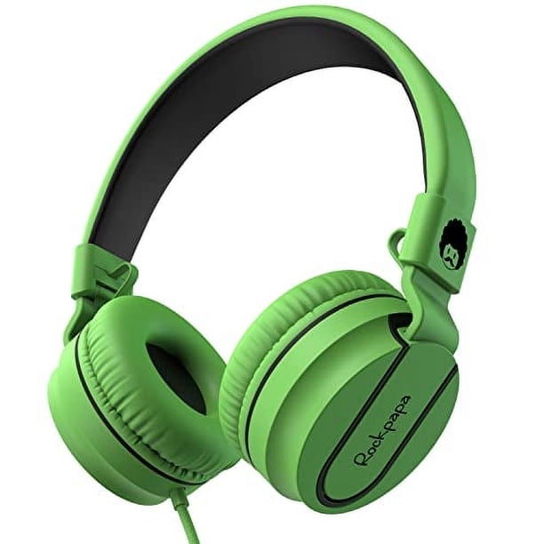 Audífonos 950 por Rockpapa - Micrófono infantil, Escuela, Computadora, On-Ear, Cableado y Plegables, Negro-Verde