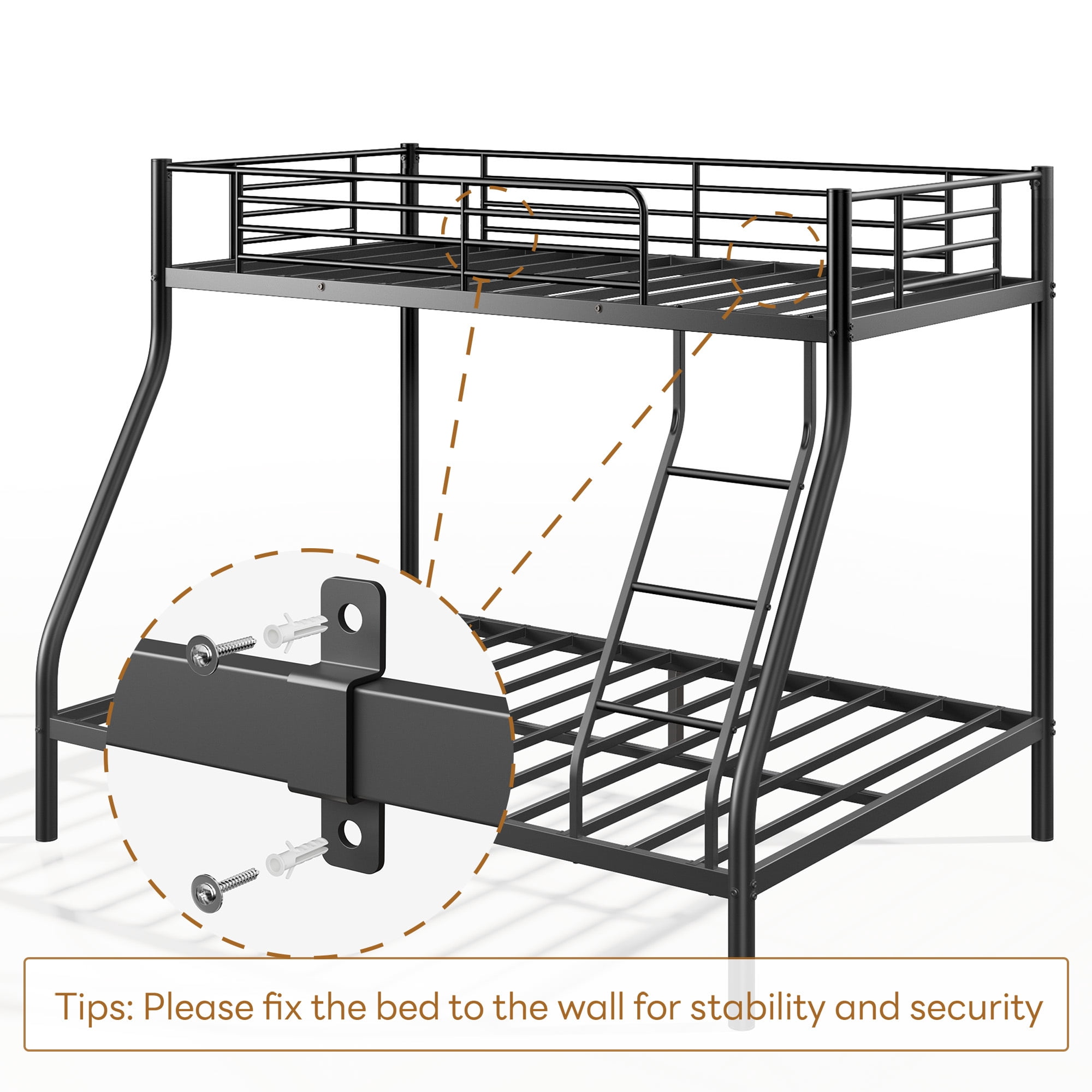 Twin over Full Bunk Bed for All Ages, Heavy Duty 500 lbs Capacity Metal Frame, Low Profile with Guardrail and Ladder, No Box Spring, Easy Assembly for Guest Room Rental, Black