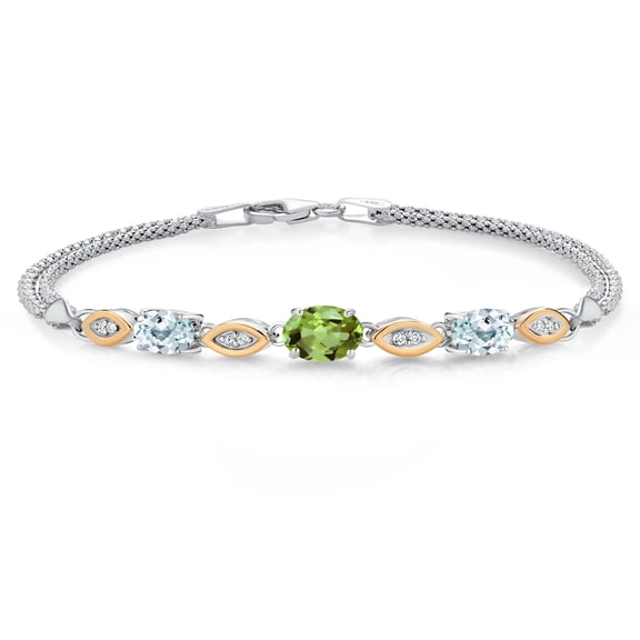 925 Silver and 10K Yellow Gold Green Peridot and Sky Blue Aquamarine and White Lab Grown Diamond Bracelet for Women (1.96 Cttw, Gemstone August Birthstone, Oval, Wheat Chain, 6.5 inches)