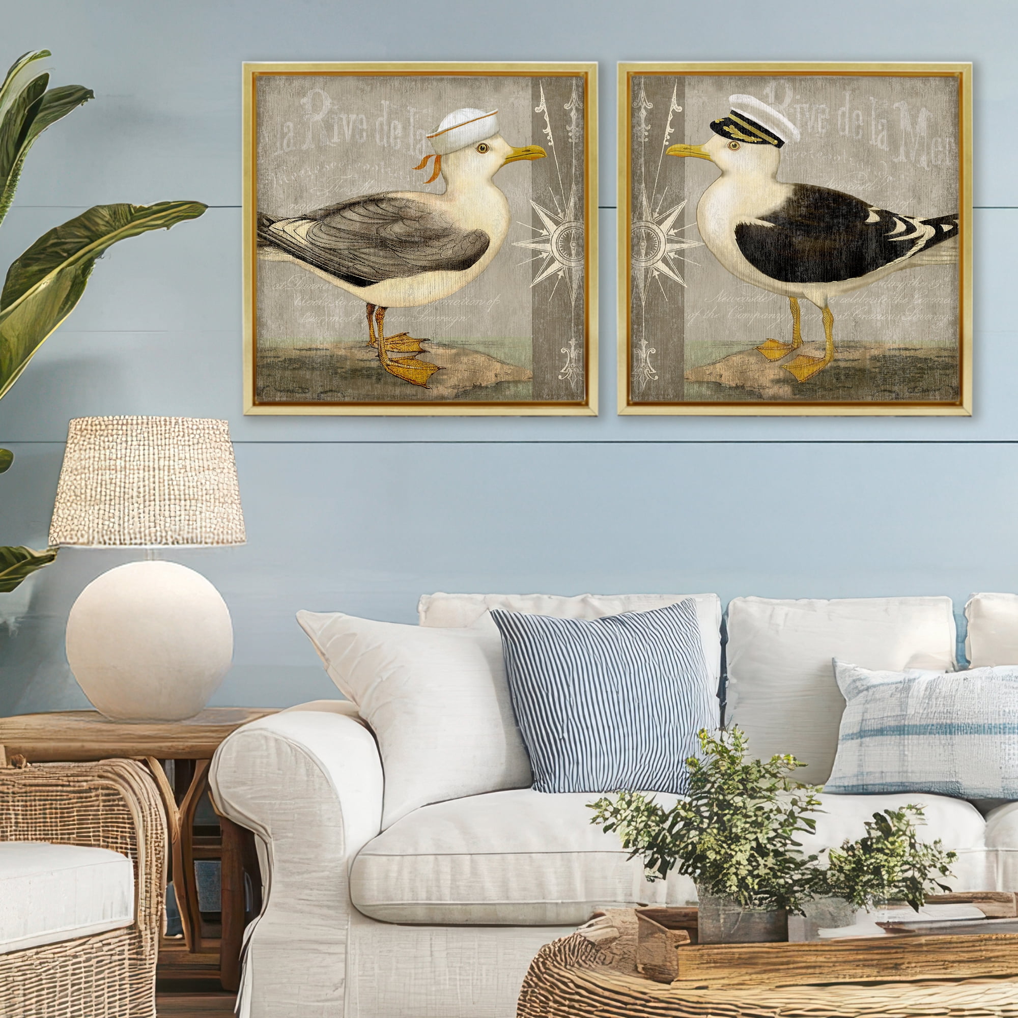 Stupell Industries Little Seagulls with Hats 2 Piece Gold Framed Floater Canvas Set, design by Suzanne Nicoll