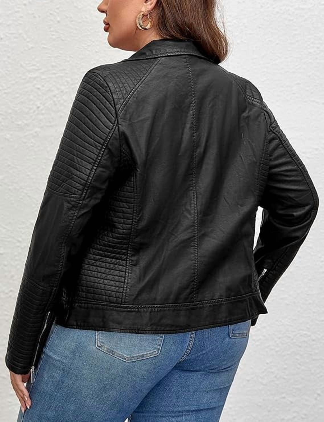 Giolshon Women's Plus Size PU Leather Jacket with Zip Pockets Short Moto Biker Outwear