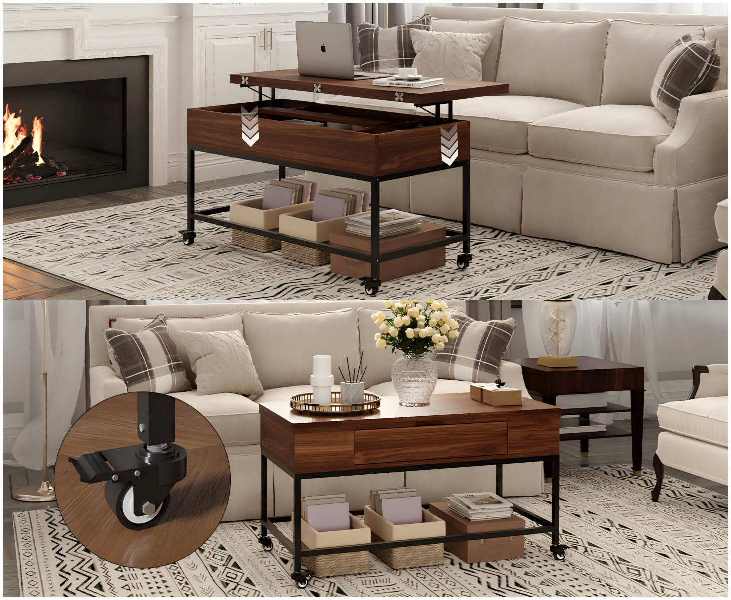 3 Modes Lift Top Coffee Table with hidden Drawer Storage for Living Room&Dining Room, Walnut