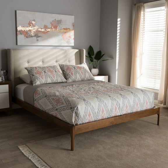 King Size Platform Bed Walnut Wood & Beige Fabric Headboard, Modern Bedroom Furniture