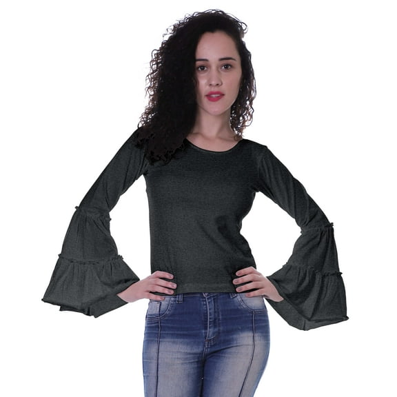 Moomaya Womens Long Bell Sleeves Tshirt Top Round Neck Plain Casual Fit Summer Tee Tops