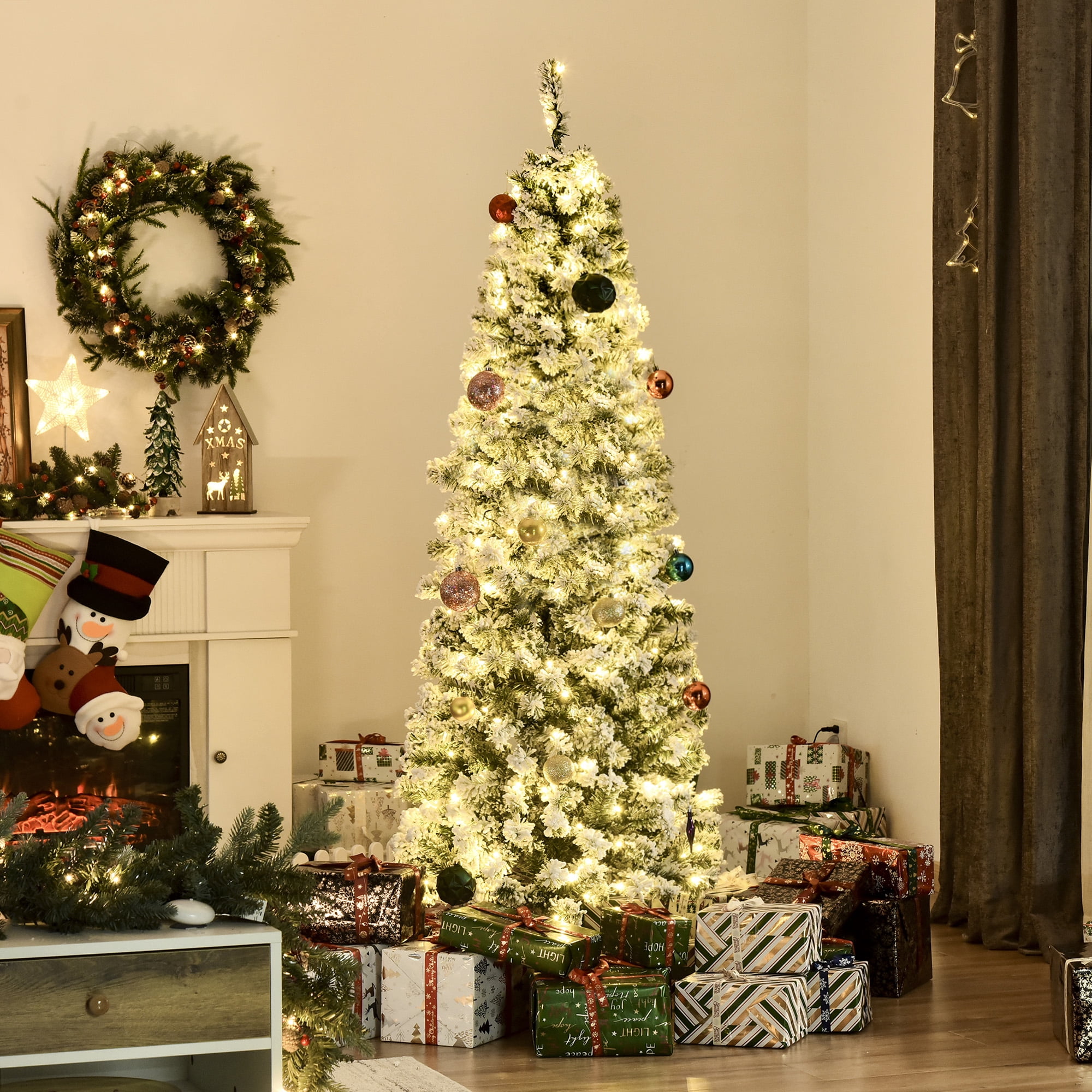 6ft Prelit Snow Flocked Christmas Tree with Warm White LED Lights Easy Assembly Indoor Decor