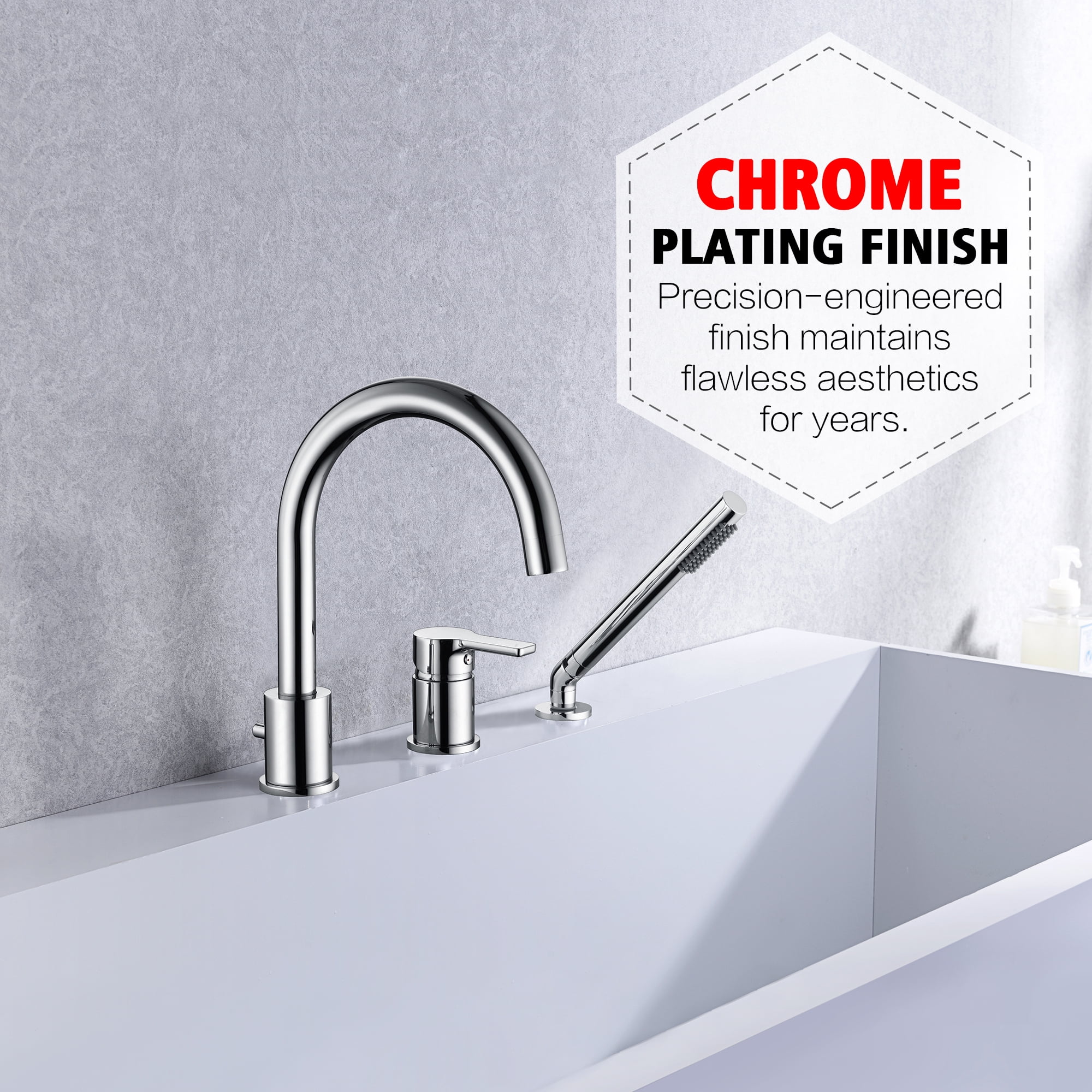3 Hole Deck Mount Roman Tub Faucet with Hand Shower, Solid Brass Chrome Finish Valve Included High-arc Spout Chrome
