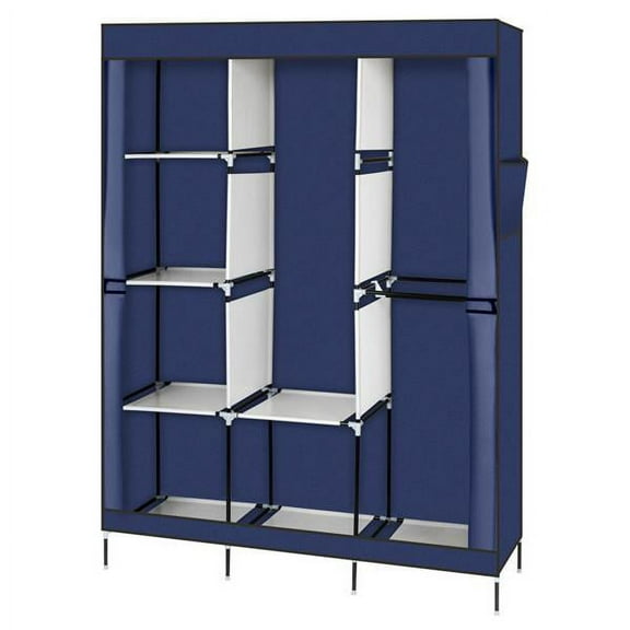 Knocbel Portable Wardrobe Storage Organizer Closet Clothes Rack with Hanging Rod and 8 Storage Shelves, Sturdy Metal Frame & Non-woven Fabric Cover, 49.2"W x 17"D x 70.90"H Blue