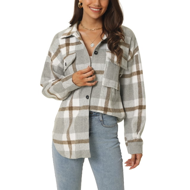 INSPIRE CHIC Womens' Fall Winter Button Front Closure Long Sleeve Plaid Jacket with Pockets M Grey