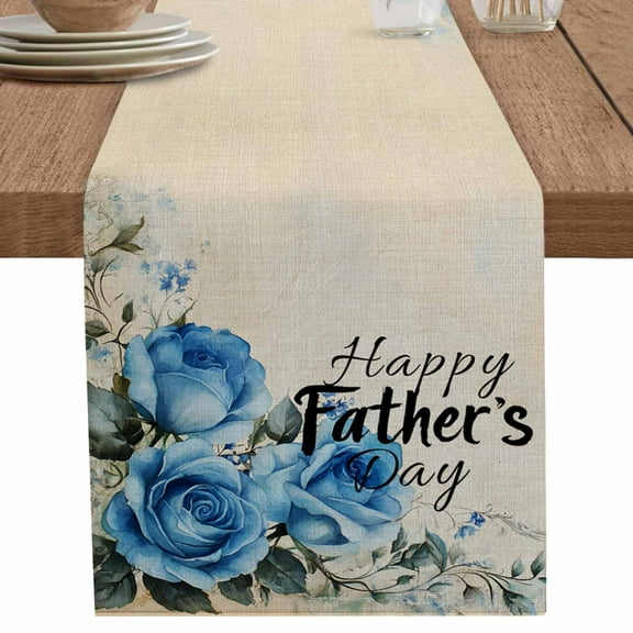 nqOlkjepod Happy Father's Day Table Runner 72 Inches Long Farmhouse Dress Scarves, Blue Spring Floral Vintage Dining Tablerunner for Coffee Table/Kitchen Island/Party Décor, 18" x 72"