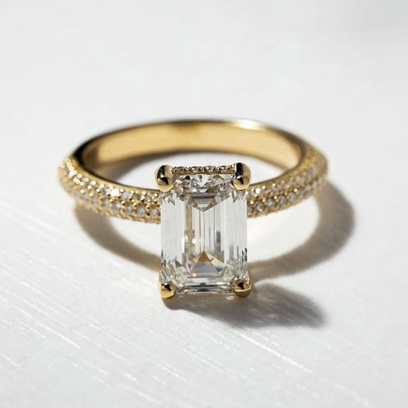 vylahjewellery 10K Vermeil Yellow Gold Emerald Cut Diamond Wedding Ring Hidden Halo Moissanite Engagement Ring Anniversary Pave Band Solitaire Handmade Jewelry