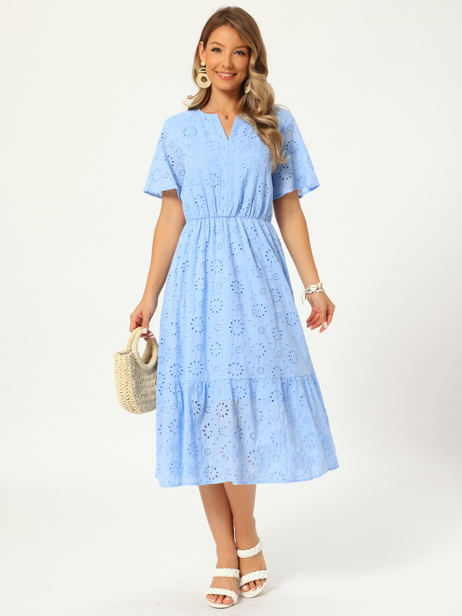 DARING DIVA Women's Eyelet Dress Notched Neck Short Sleeve A Line Midi Dress S Sky Blue