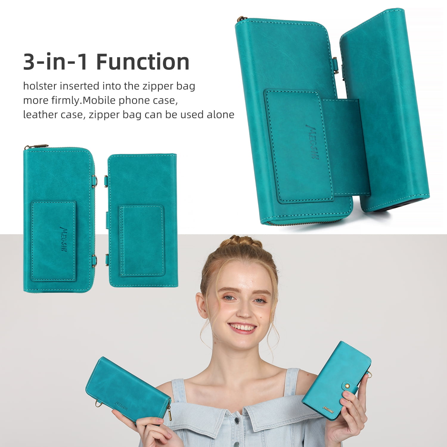 ShieldFlex Wallet Case Compatible with Samsung Galaxy S25 5G, 13-Card Holder Soft PU Leather Crossbody Wallet Zipper Pocket Magnetic Detachable Phone Cover Fit for Galaxy S25,Blue (3 IN 1)