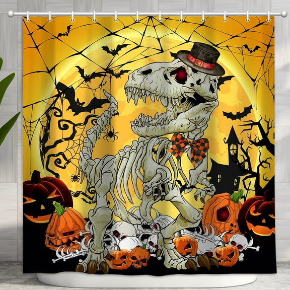 Funny Halloween Shower Curtain, Gothic Skull Skeleton Dinosaur Evil Pumpkin for Boy and Girl Kid Shower Curtain Set, Halloween Autumn Curtain Decor Bath Curtain Fabric Polyester 12 Pack Hooks, 72X72in