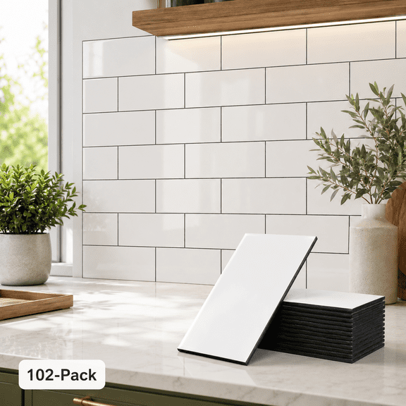 Yeslife 102-Pack Peel and Stick Backsplash Tile, 3" x 6" Glossy White PVC Waterproof Subway Wall Tiles for Kitchen & Bathroom, 12.75 Sq Ft
