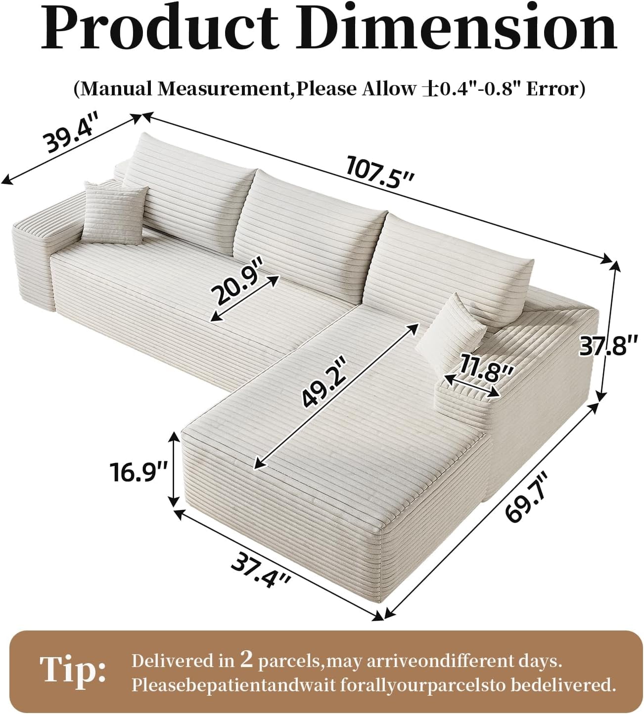 Sailvan 107" Cloud Sectional Couch, Cloudy Sofa with L-Shape Chaise, Upholstered Couches for Living Room & Bedroom, No Assembly Required, Plush Corduroy Fabric, Beige