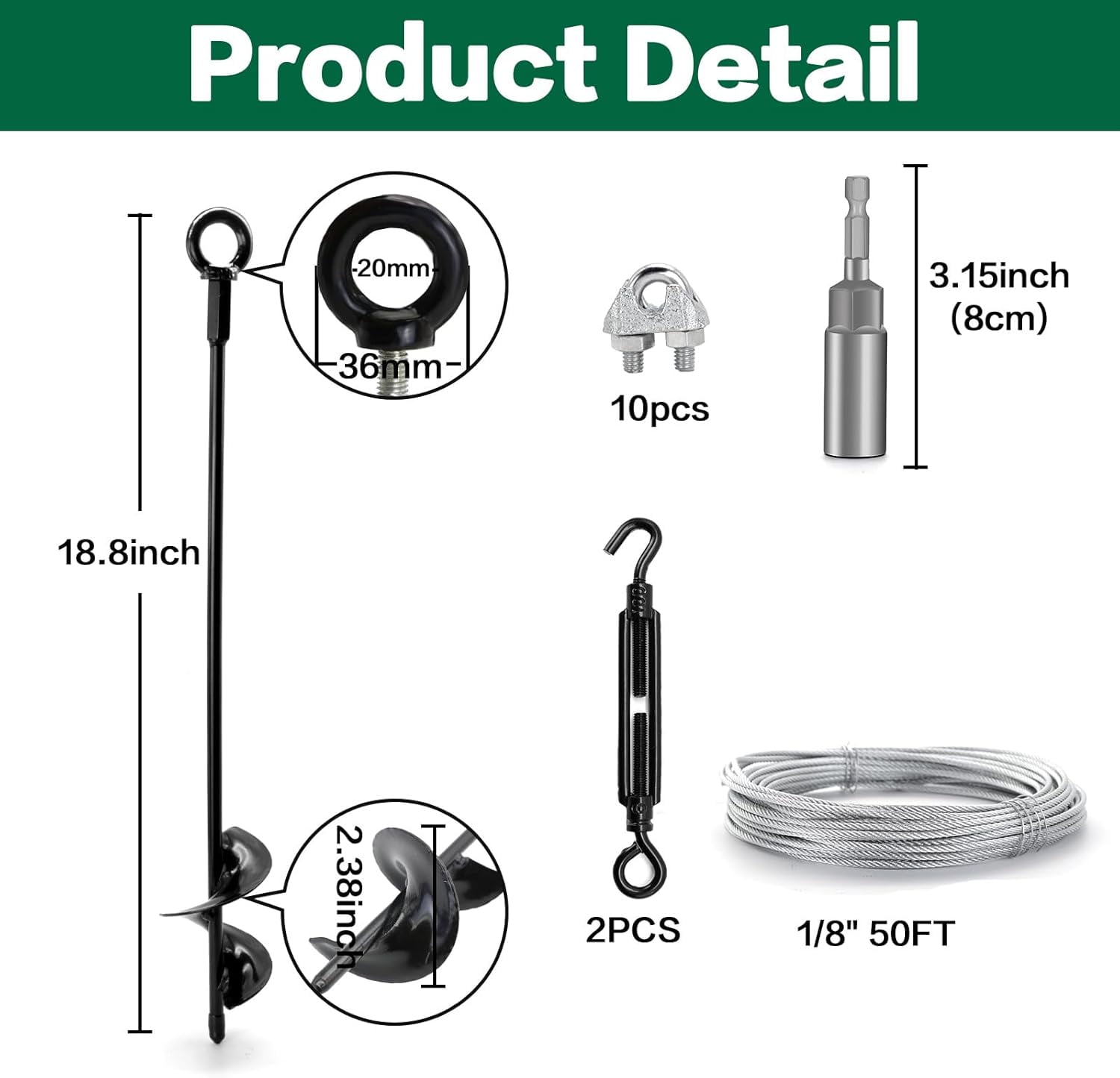 Tootaci Ground Anchors Screw in, 18 Inch Heavy Duty Trampoline Anchor Tie Down Kit with 50Ft Galvanized Wire Cable for Swing Set, Sheds, Carports 4PCS