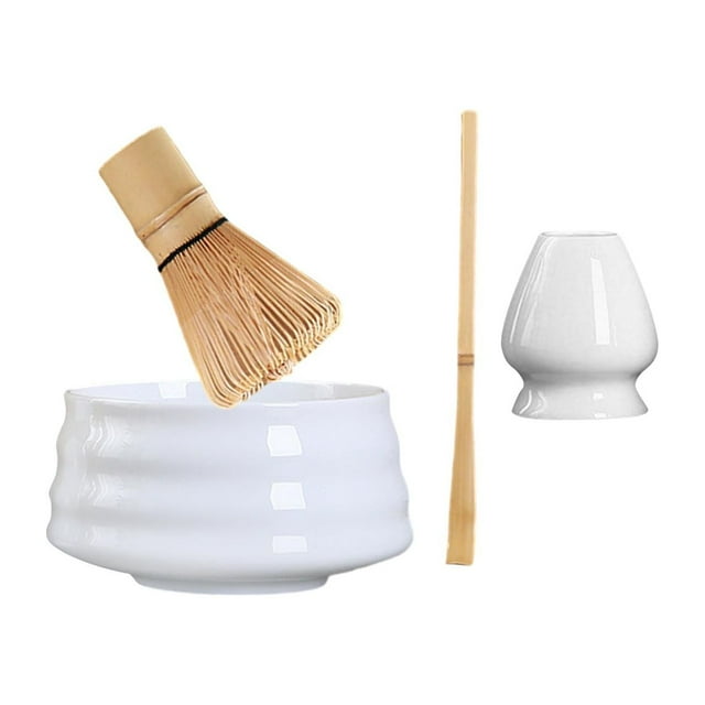 Set de utensilios para preparar té Matcha, batidor de bambú y soporte de cerámica Blanco