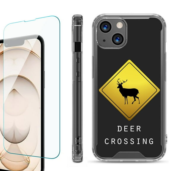 Shockproof Bumper Phone Case for iPhone 13, with Tempered Glass Screen Protector, by OneToughShield ® - Road Sign Deer