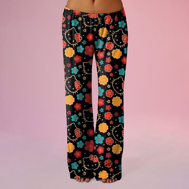 Hello Kitty Pj Pants Women Flannel Pajamas Women Anime Hello Cat Flannel Sleep Pants Cartoon Pajamas Pants for Women Print Flannel Pajamas Pants Cute Fuzzy Pajamas Pants