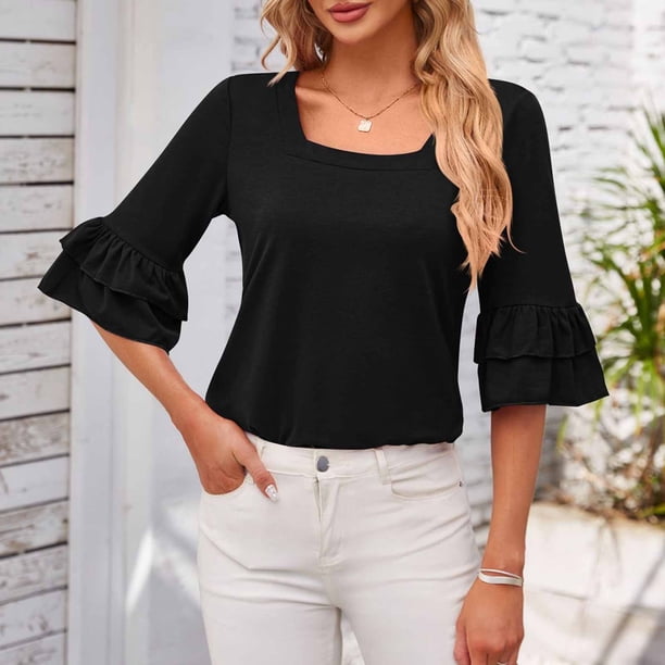 Fiudx Ofertas de La Semana Camiseta Holgada Informal de Manga Media con Volantes y Cuello de Color Sólido para Mujer