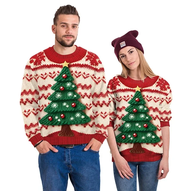 Sudaderas navideñas para parejas 2024 Suéter con patrón de árbol de Navidad y muñeco de nieve Suéteres de invierno Jerseys cálidos y gruesos