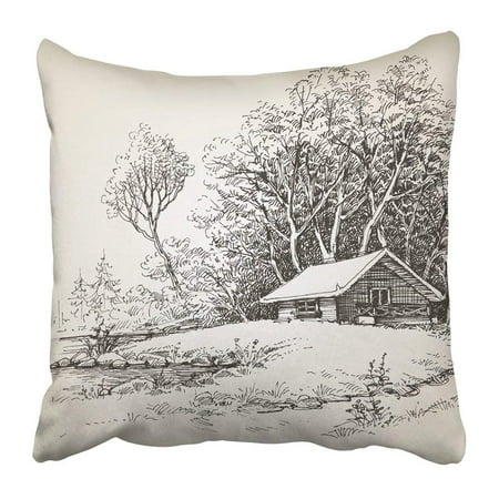 BPBOP Black Sketch Cabin in the Woods Near River Banks Hand Drawing Forest Hunting Scene Tree Artistic Pillowcase Pillow Cover 18x18 (Cabin In The Woods Best Scene)