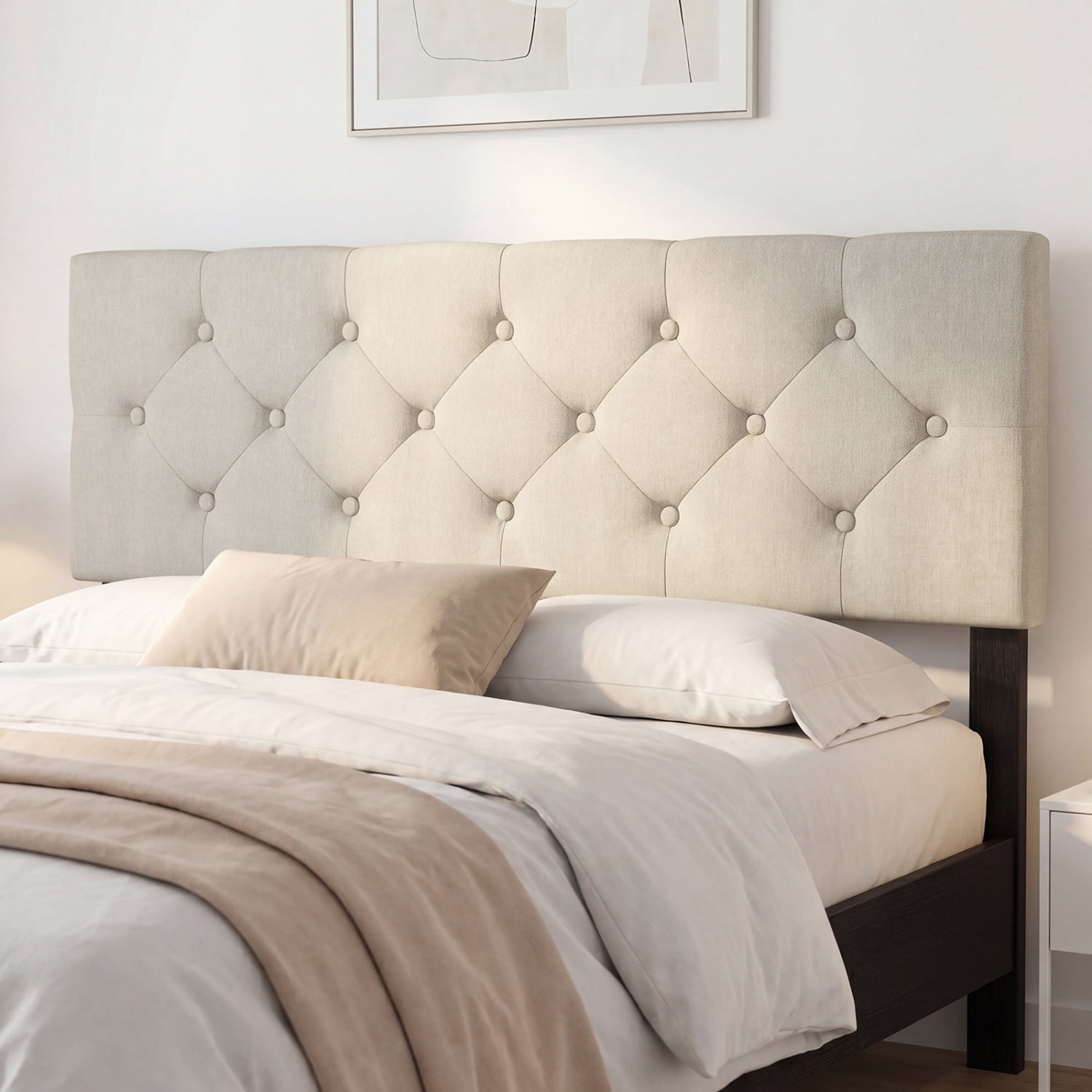 Furnibear Upholstered Tufted Linen Headboard Panel for Queen Size Beds with Adjustable Legs for Bedroom and Guest Room, Beige