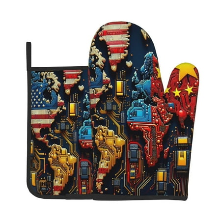 

Junzan World Map Of Digital Circuits Pattern Oven Mitts and Pot Holders 2 pcs Set Potholders BBQ Gloves Long Kitchen Oven Glove for Cooking Baking Grilling (2-Piece Set 11 Inch)