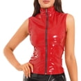 thumbnail image 5 of Chaleco de cuello alto de charol para mujer, chaqueta sin mangas con cremallera a la moda, atuendo para festivales, ropa de club con aspecto mojado, disfraz, 5 of 5